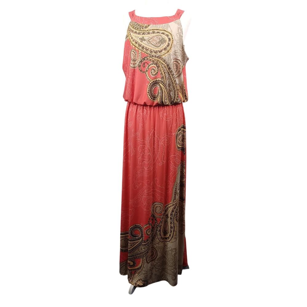 Chico's High Neck Blouson Maxi Dress Women's 2 Coral Sleeveless Stretch Boho